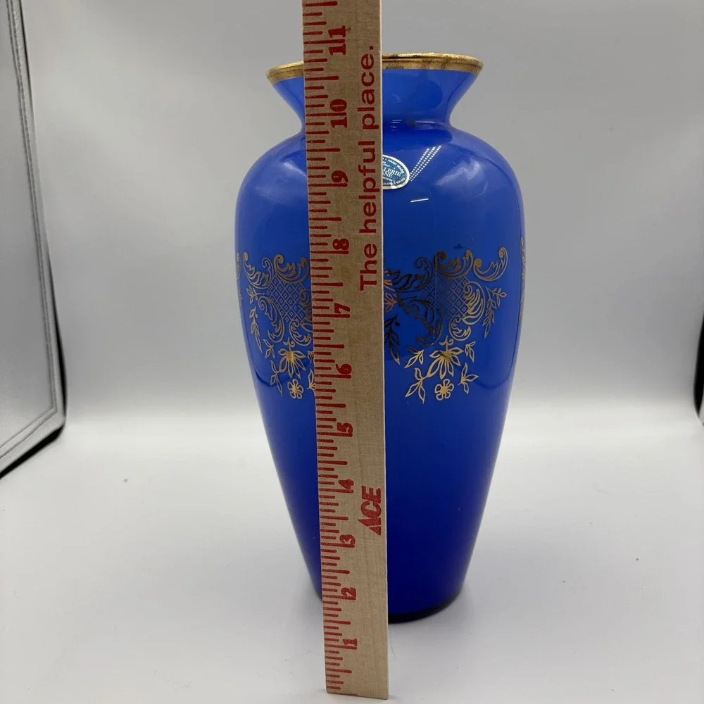 Handmade Italian Cristallerie Cobalt Blue24k Gold Accent Vase Mid Century Modern